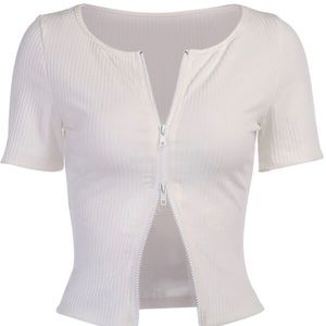 White zip up cropped shirt .